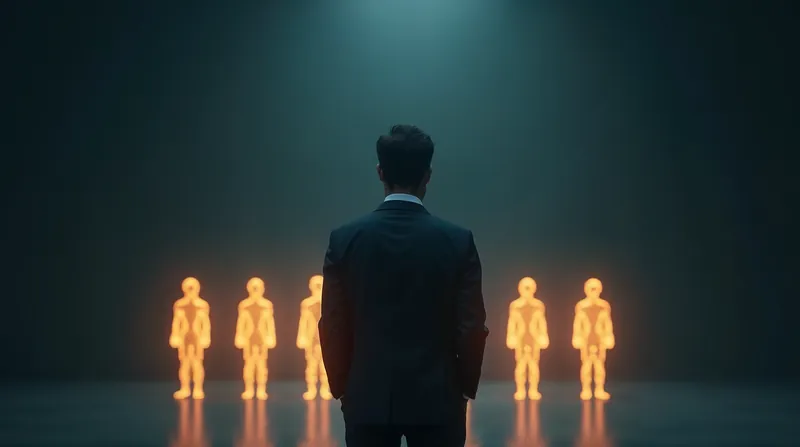 ภาพประกอบเชิงสื่อความหมาย — คนหนึ่งคนยืนหันหลังกำกับทีมตัวแทน AI ที่เปล่งแสงสีทอง สื่อถึงการเปลี่ยนจากผู้ช่วยคนเดียวเป็นทีม AI