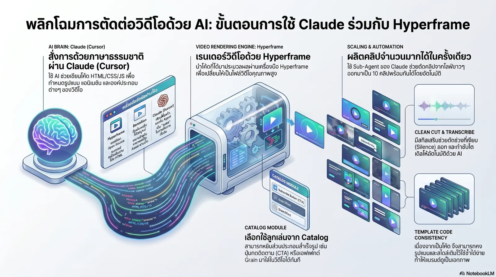 อินโฟกราฟิกภาพรวมเวิร์กโฟลว์: สั่งงาน Claude Code ด้วยภาษาธรรมชาติ → HyperFrames เรนเดอร์เป็นวิดีโอ → ผลิตหลายคลิปพร้อมกันด้วย Sub-agent พร้อมสกิลเสริม Transcribe และ Clean Cut