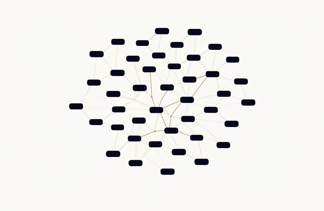 ภาพประกอบ: โน้ต Markdown หลายใบเชื่อมโยงกันเป็นเครือข่าย (knowledge graph) สื่อถึงลิงก์สองทางและมุมมอง graph ของ Obsidian