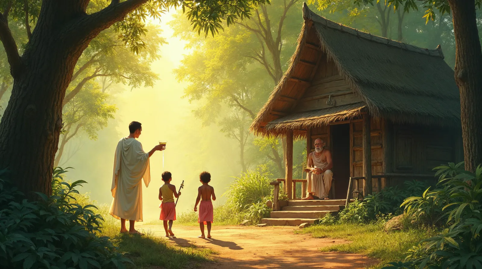 ภาพประกอบพระเวสสันดรในชุดฤๅษีหลั่งน้ำทักษิโณทกให้ทาน ใกล้อาศรมกลางป่า มีพราหมณ์เฒ่าและสองกุมาร