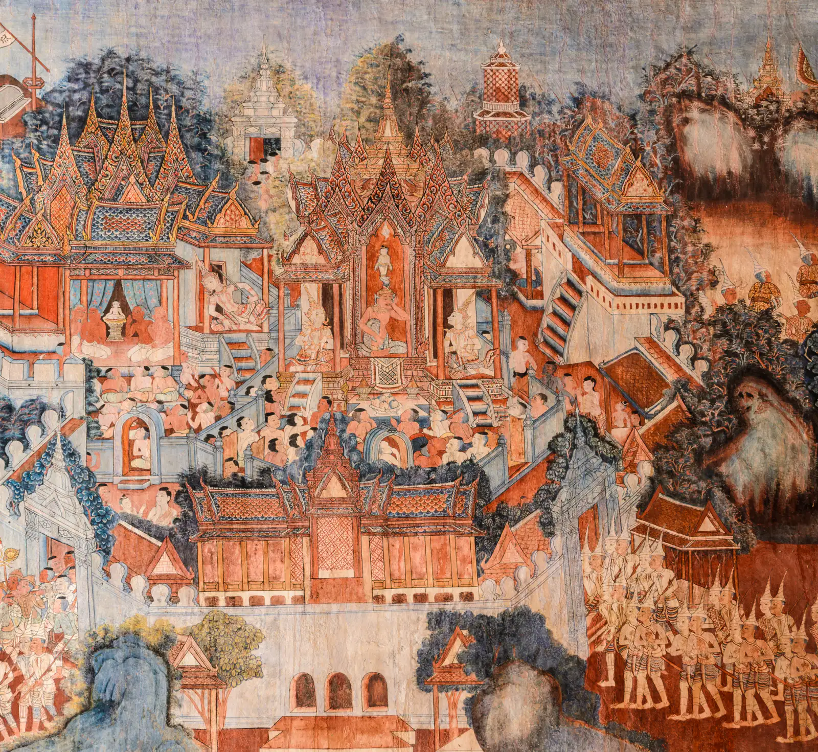 จิตรกรรมฝาผนังไทยประเพณี รูปปราสาทราชวังและขบวนบุคคลจำนวนมาก เขียนแบบสองมิติ