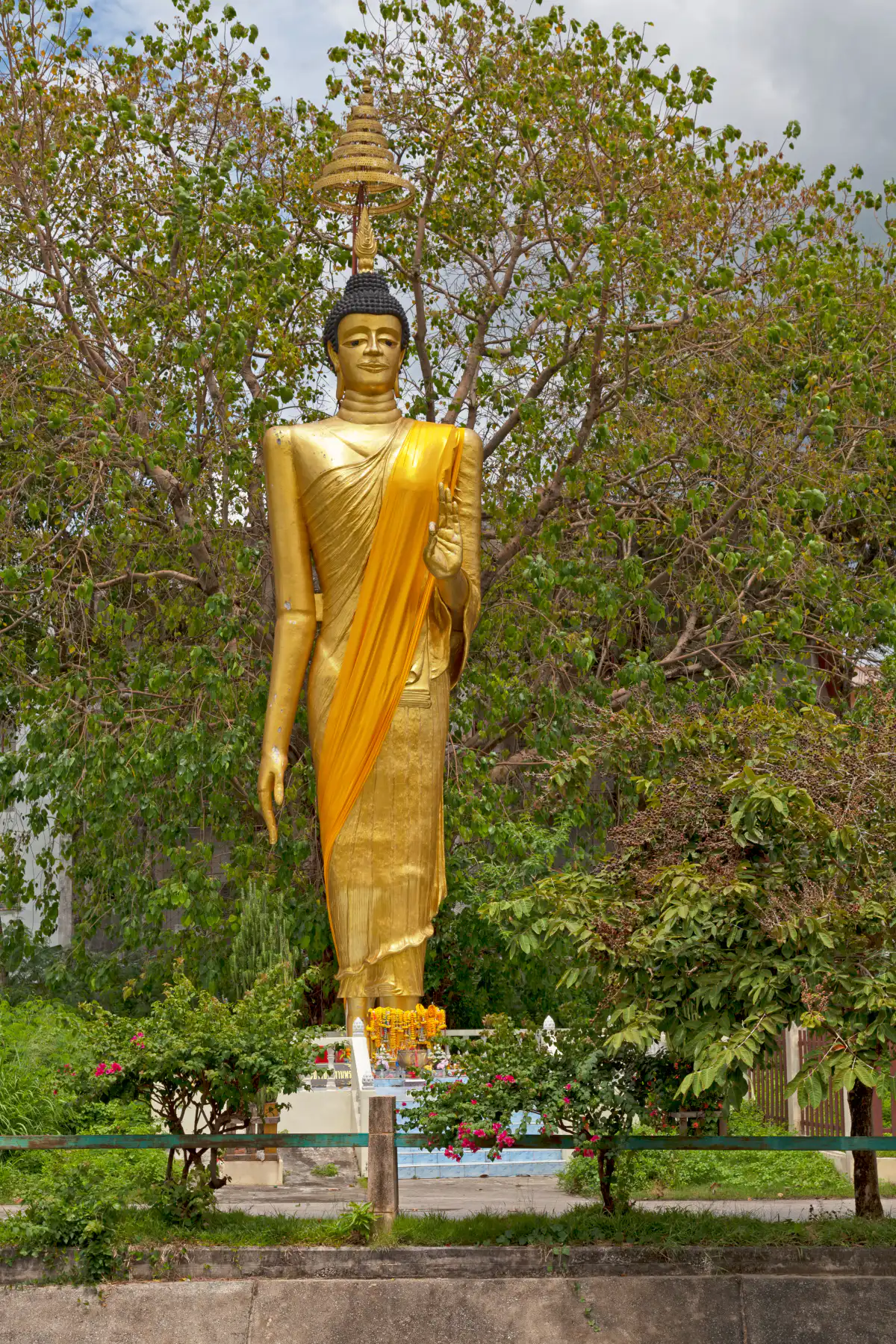 พระพุทธรูปยืนสีทอง ยกพระหัตถ์ขึ้นระดับพระอุระ ท่ามกลางแมกไม้